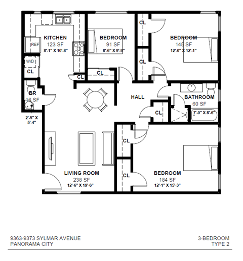 Floor plan for 3 beds, 1.5 baths